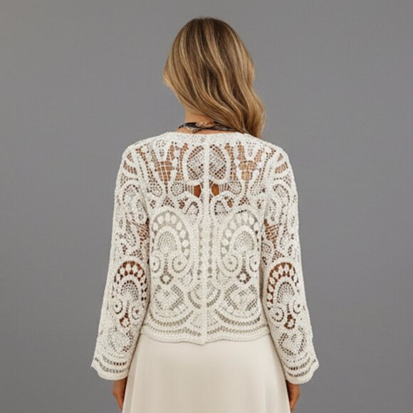 Boho Hollow Out Crochet Cardigan Beige - Picture 4 of 10